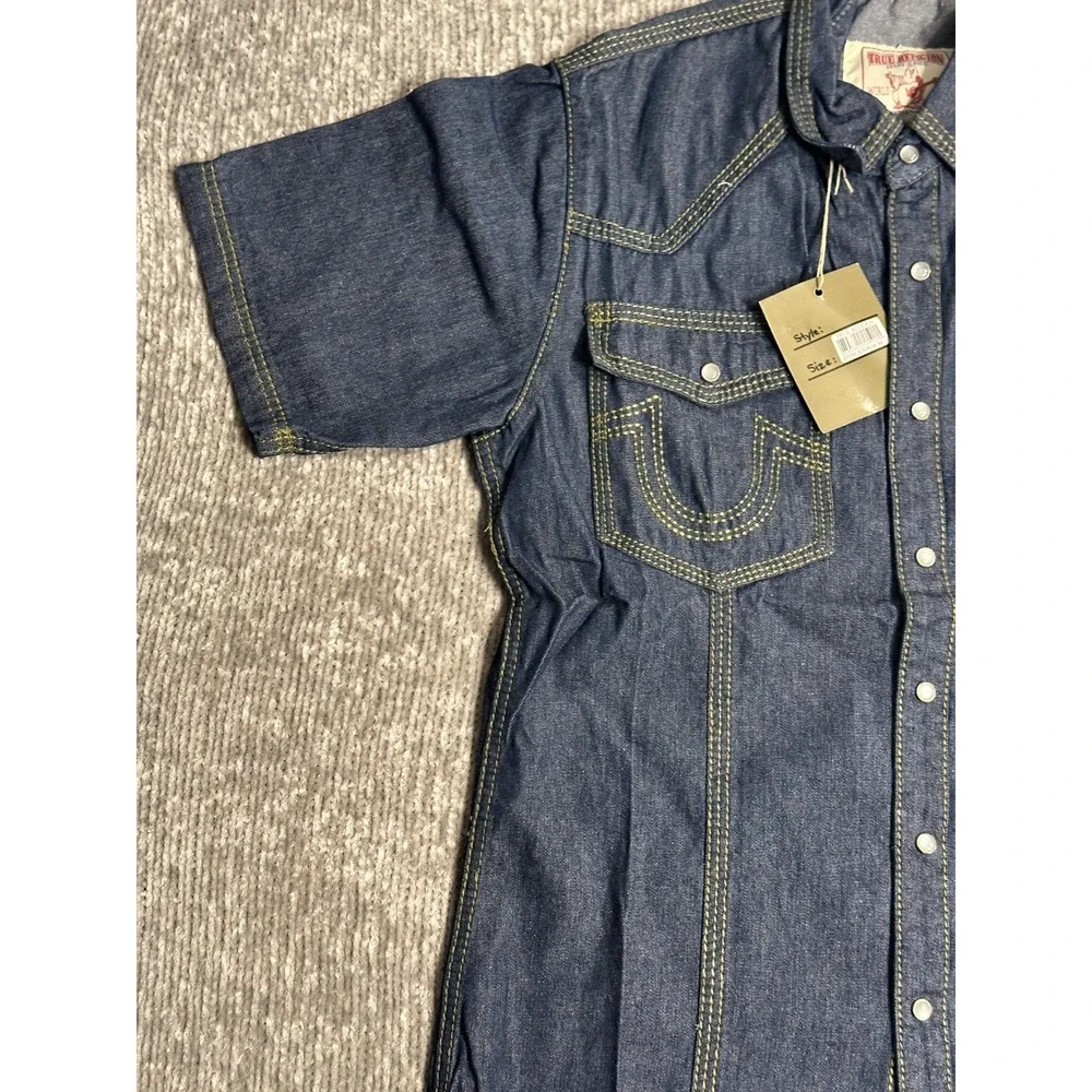 True Religion Shirt Mens M Blue Western Denim Pearl Snap 3 Needle .Made in USA